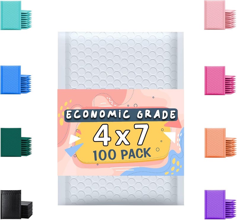 Yens Economic Grade Poly Bubble Mailers 4x8 100 Pack White Waterproof Self Seal Adhesive Shipping Bags, Cushioning Padded Envelopes for Shipping, Mailing, Packaging Usable 4x7 - Image 1